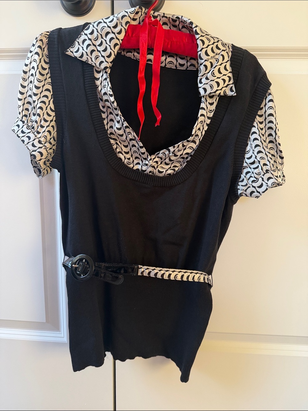 bebe Black Layered-Look Short-Sleeve Sweater Top with Patterned Collar